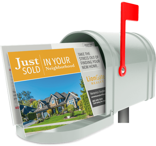 Mailbox with a direct-mail postcard partially visible.